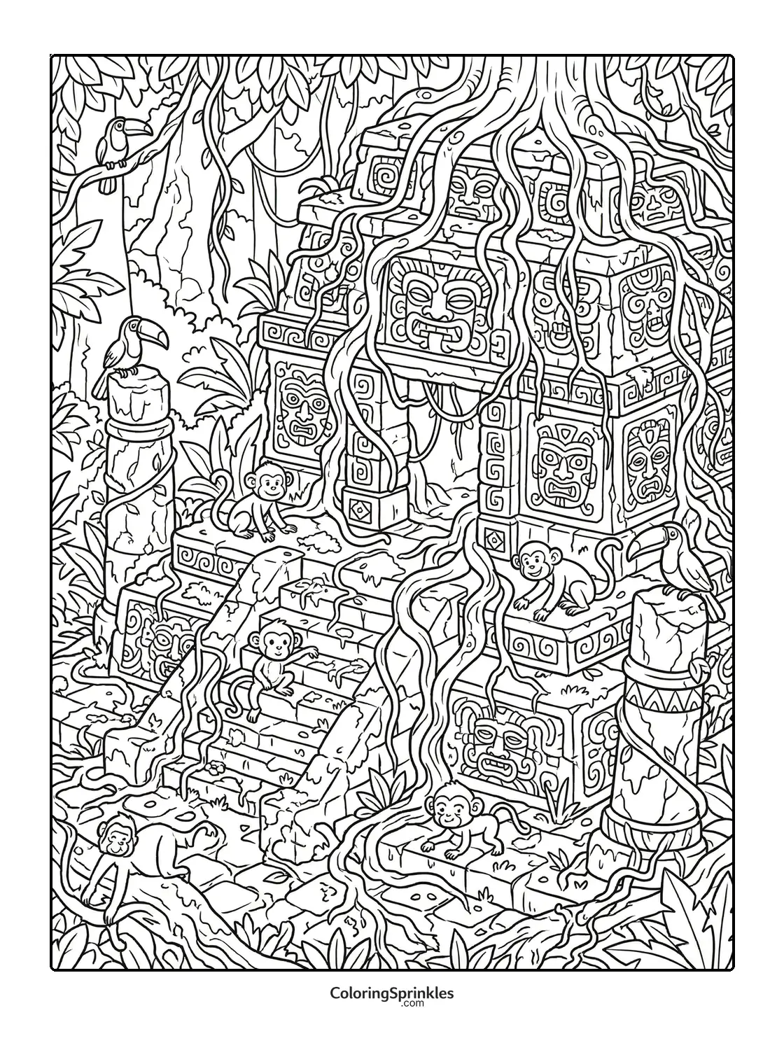 Coloring page of jungle ruins with monkeys, toucans, and vines