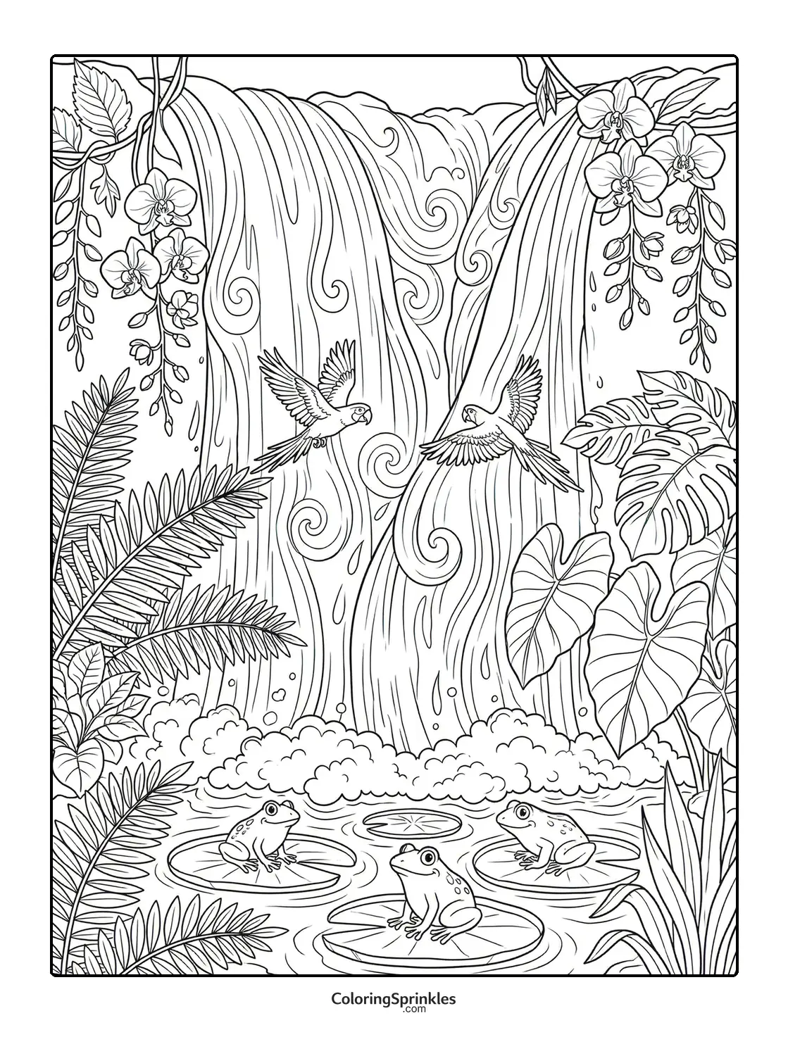 Coloring page of a jungle waterfall with frogs on lilypads and parrots flying