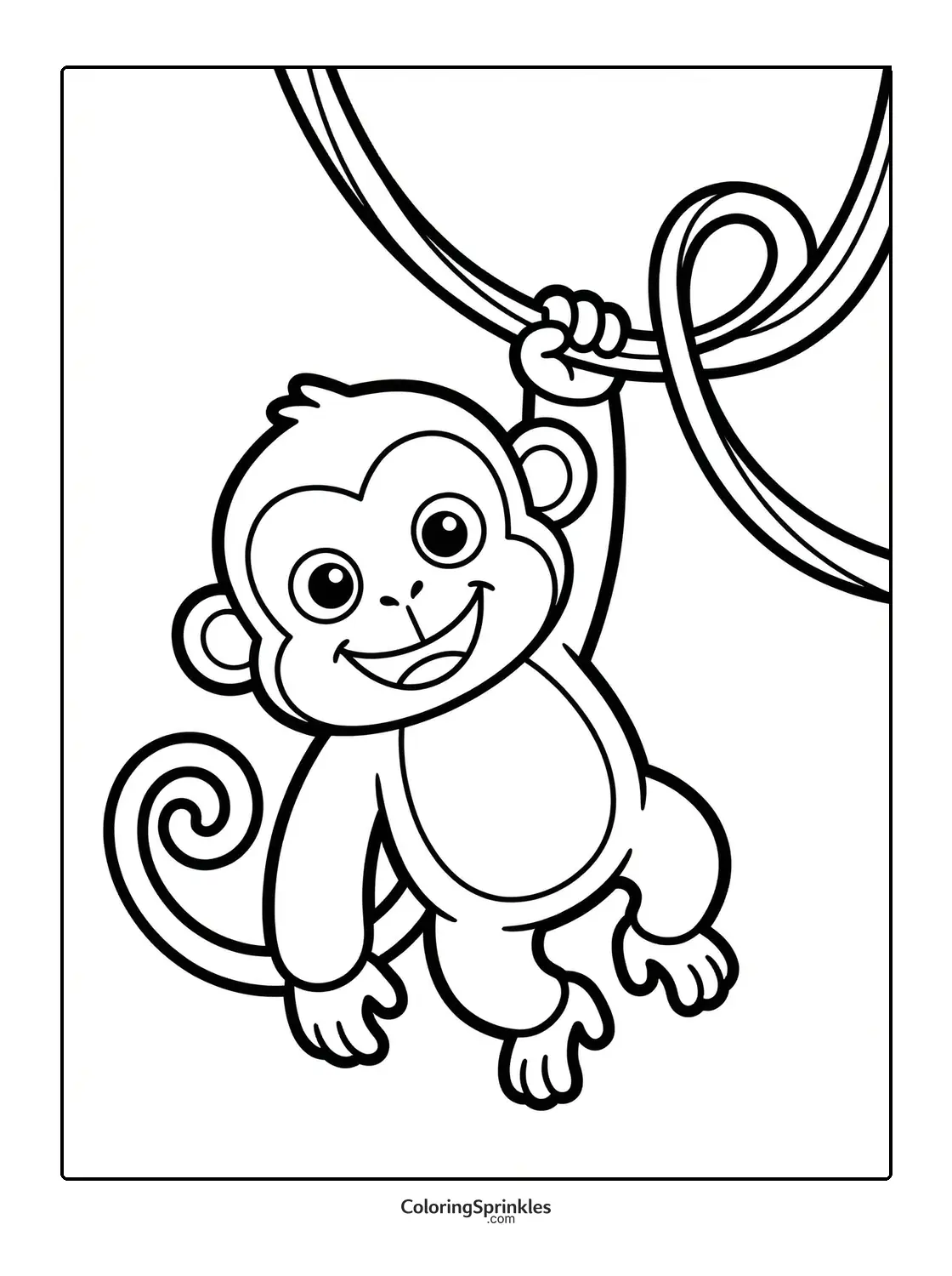 Coloring page of a monkey hanging from a vine in the jungle