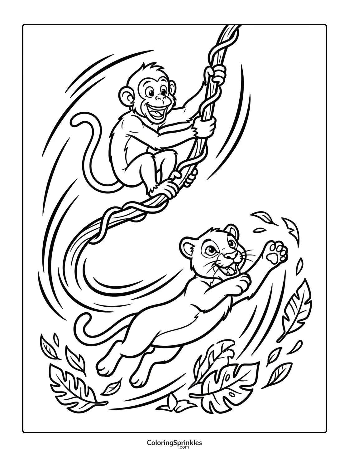 Coloring page of a monkey swinging on a vine and a lion cub jumping among jungle leaves