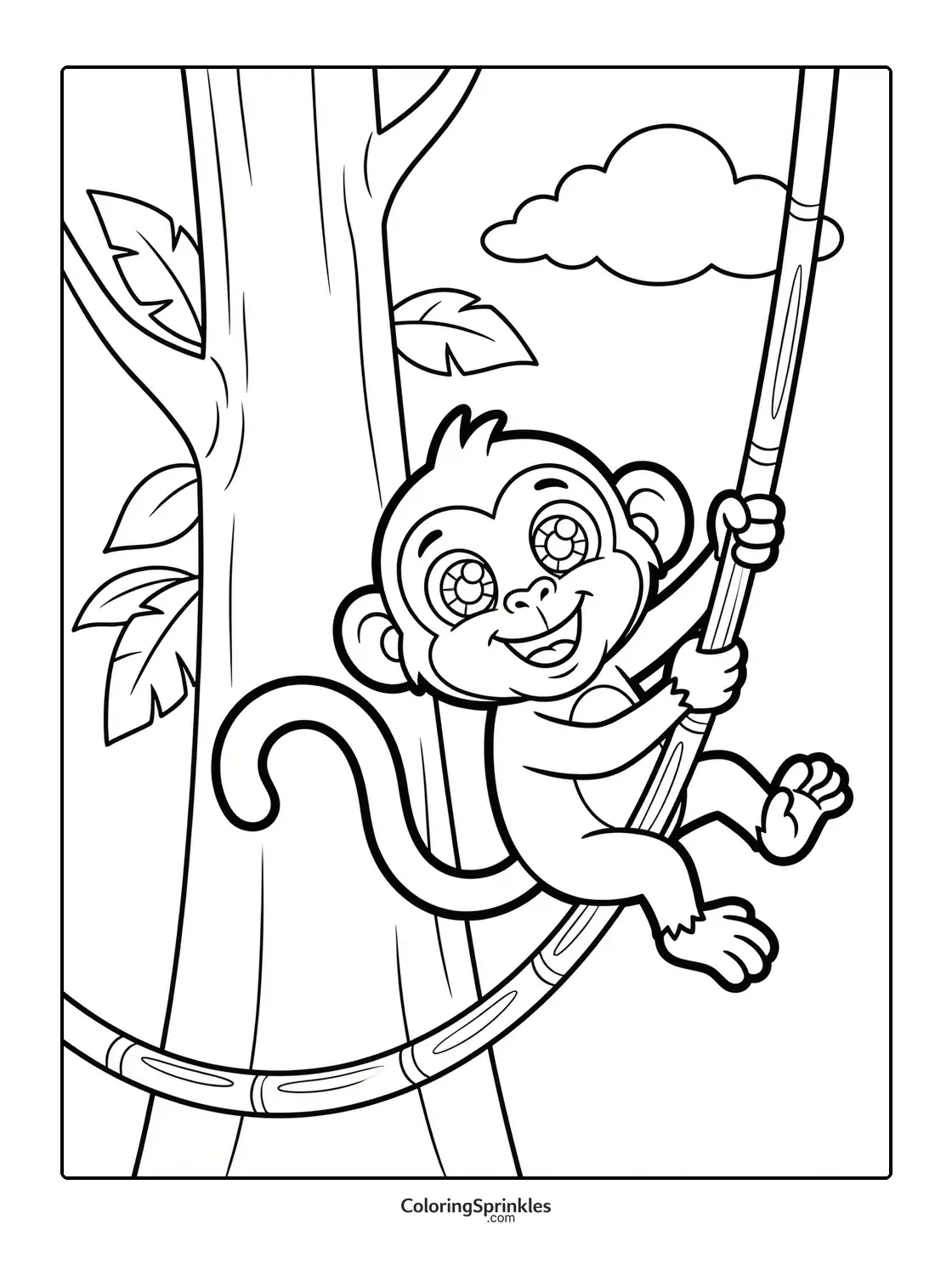 Coloring page of a happy monkey swinging on a tree vine in the jungle