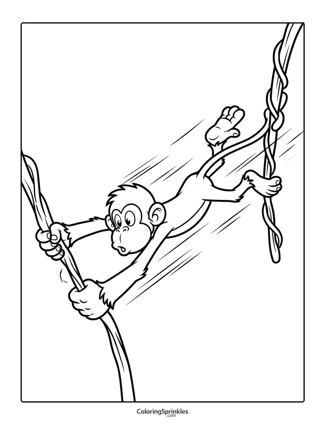 Coloring page of a monkey swinging on vines in the jungle