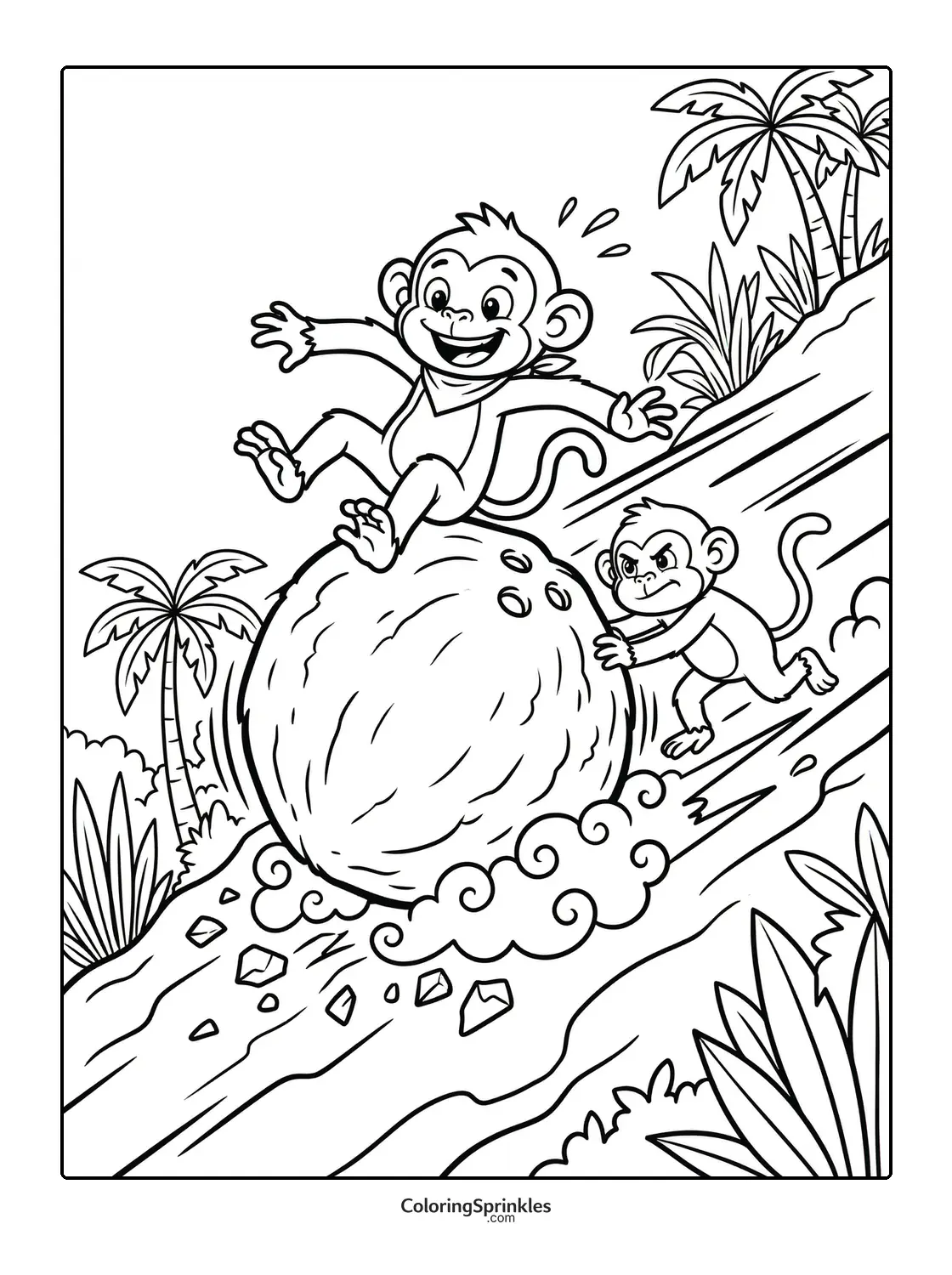 Coloring page of two monkeys rolling a boulder down a jungle hill