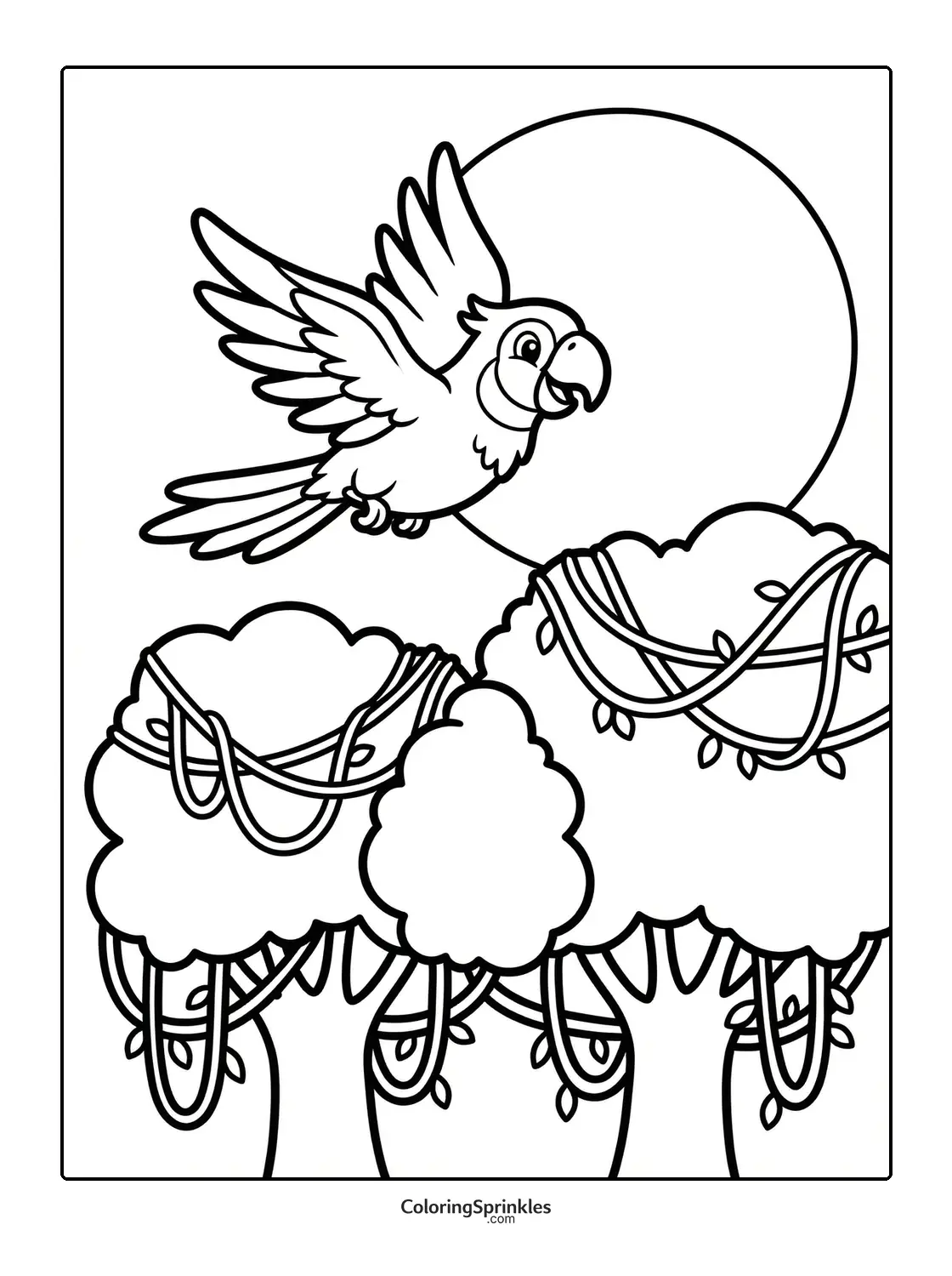 Coloring page of a parrot flying over jungle trees with vines