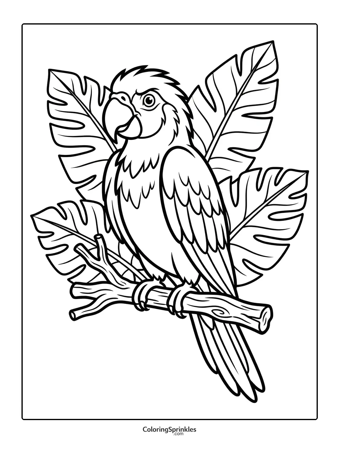 Coloring page of a parrot perched on a branch with jungle leaves