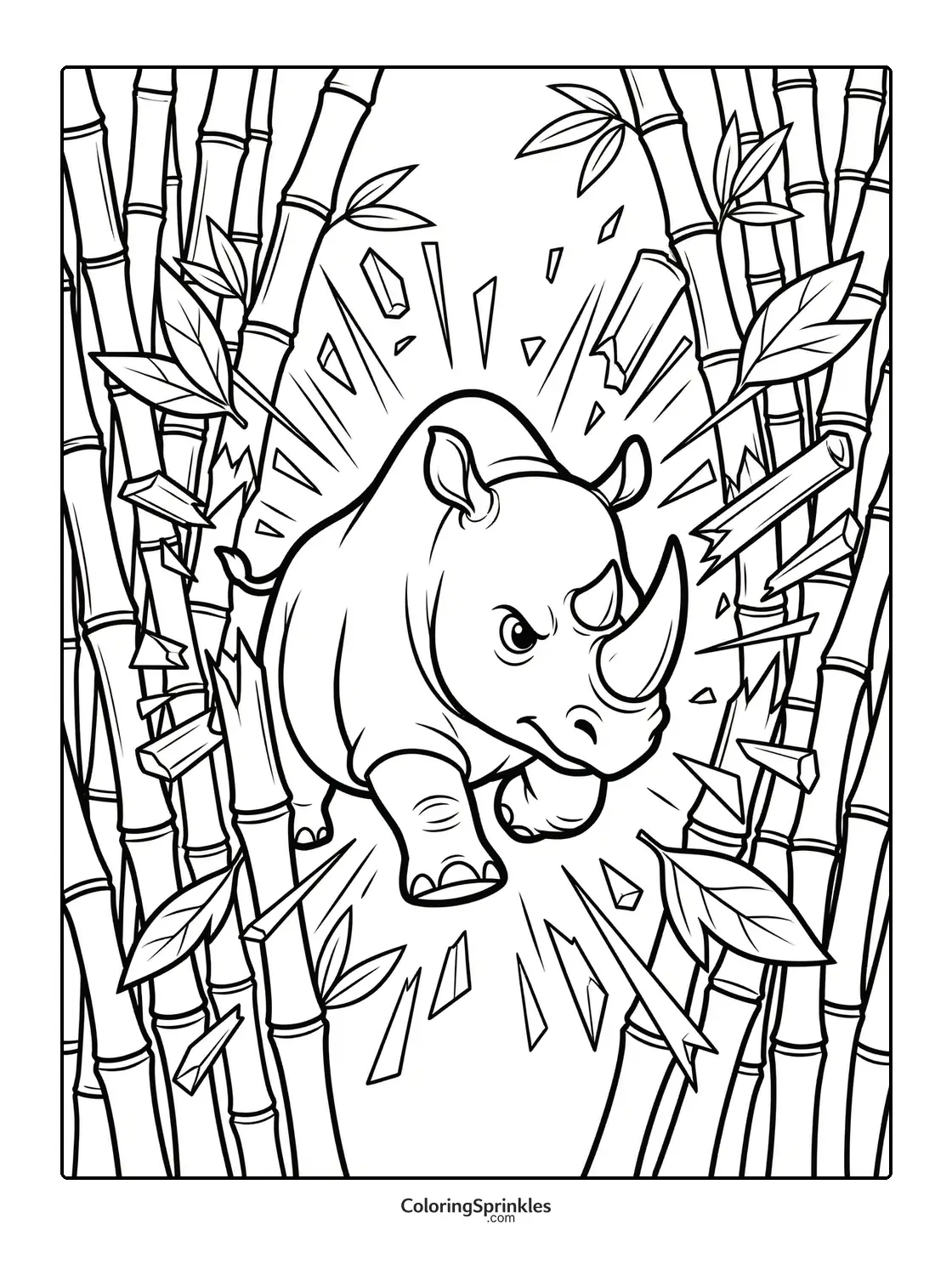 Coloring page of a rhino charging through bamboo in a jungle
