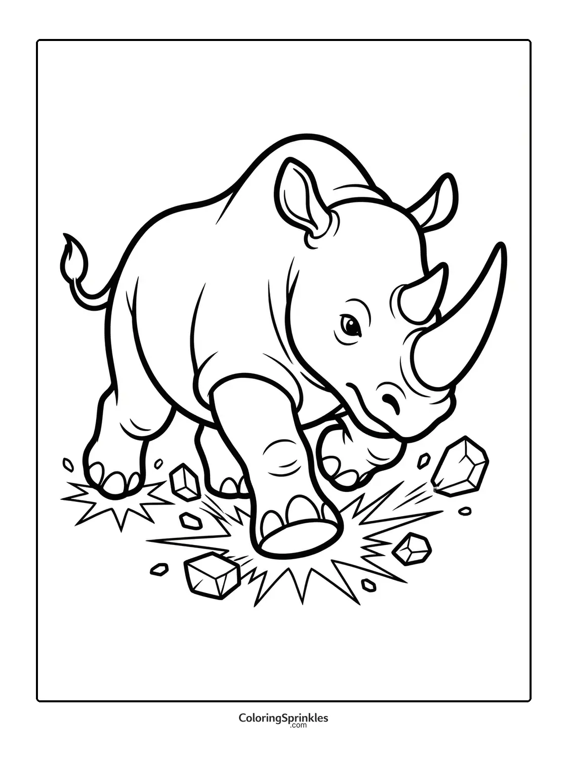 Coloring page of a rhino running and stomping the ground