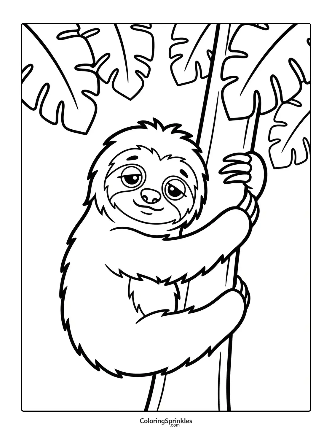 Coloring page of a sloth climbing a tree with large jungle leaves