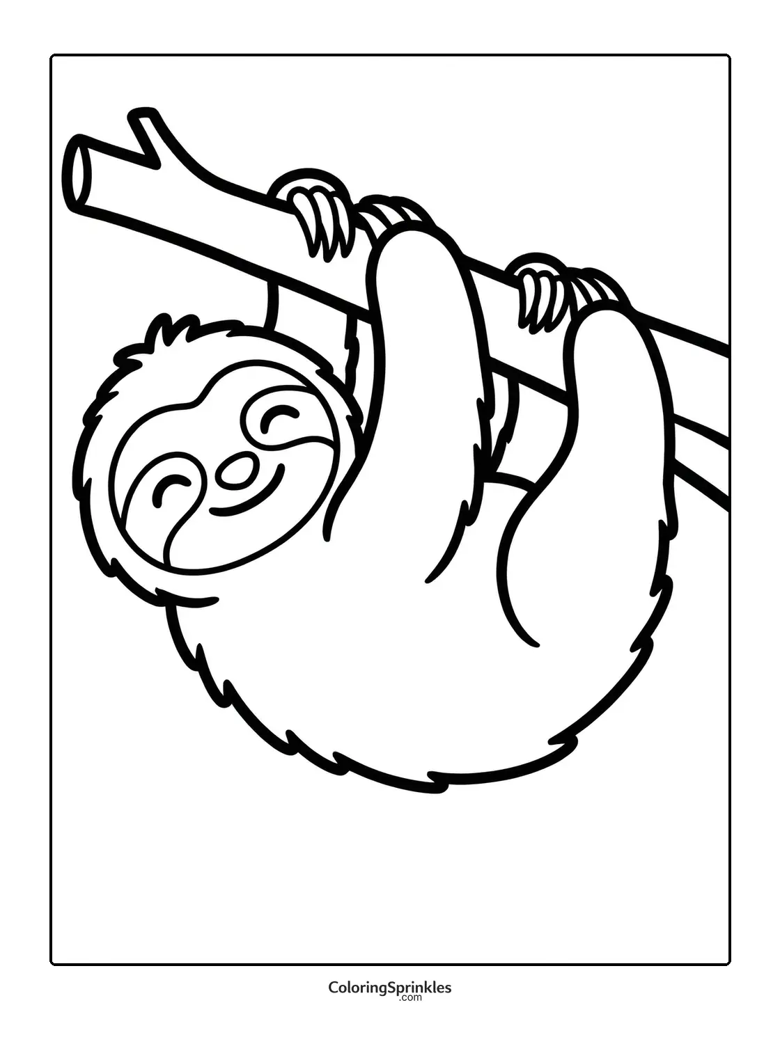 Coloring page of a sloth hanging from a branch in the jungle