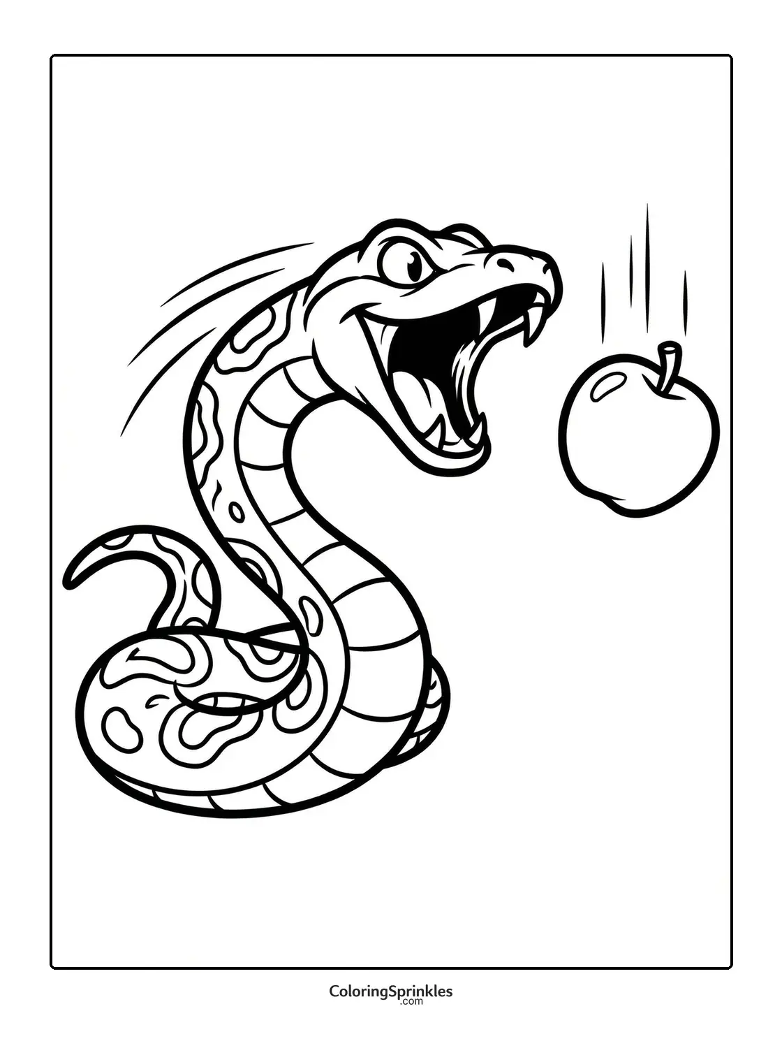 Coloring page of a snake catching a falling apple