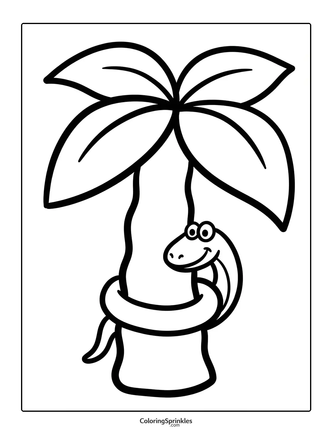 Coloring page of a snake coiled around a palm tree in the jungle