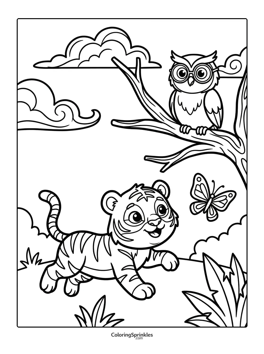 Coloring page of a tiger cub looking at a butterfly with an owl on a tree branch