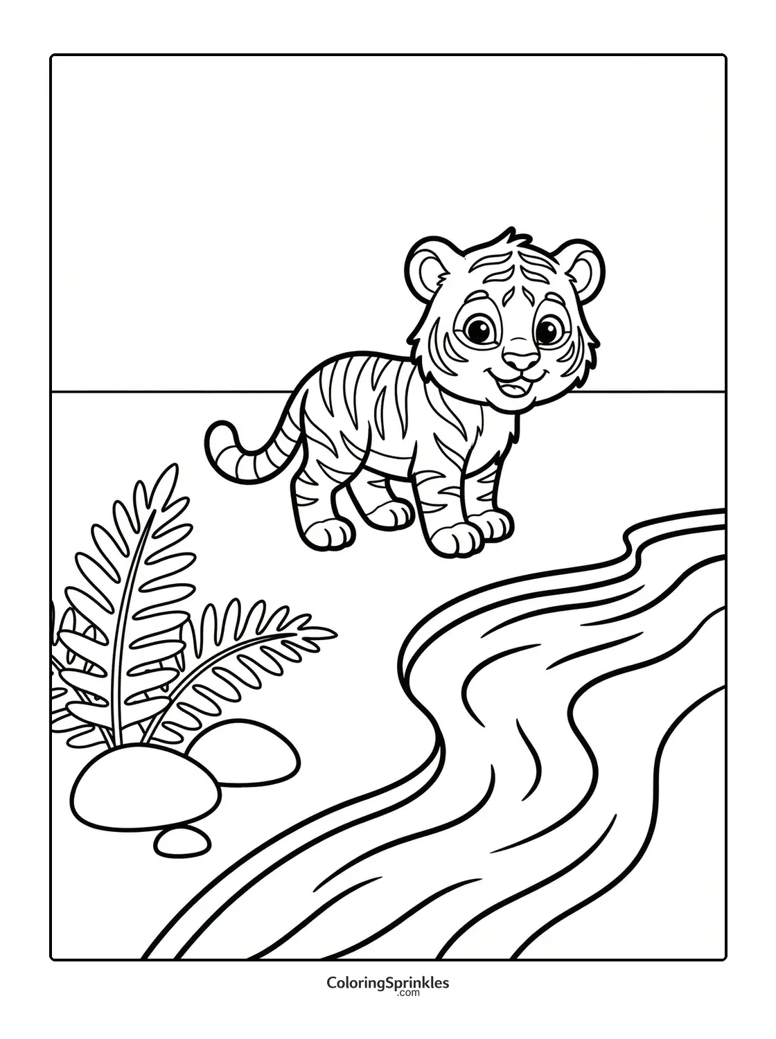 Coloring page of a tiger cub standing near a river with plants