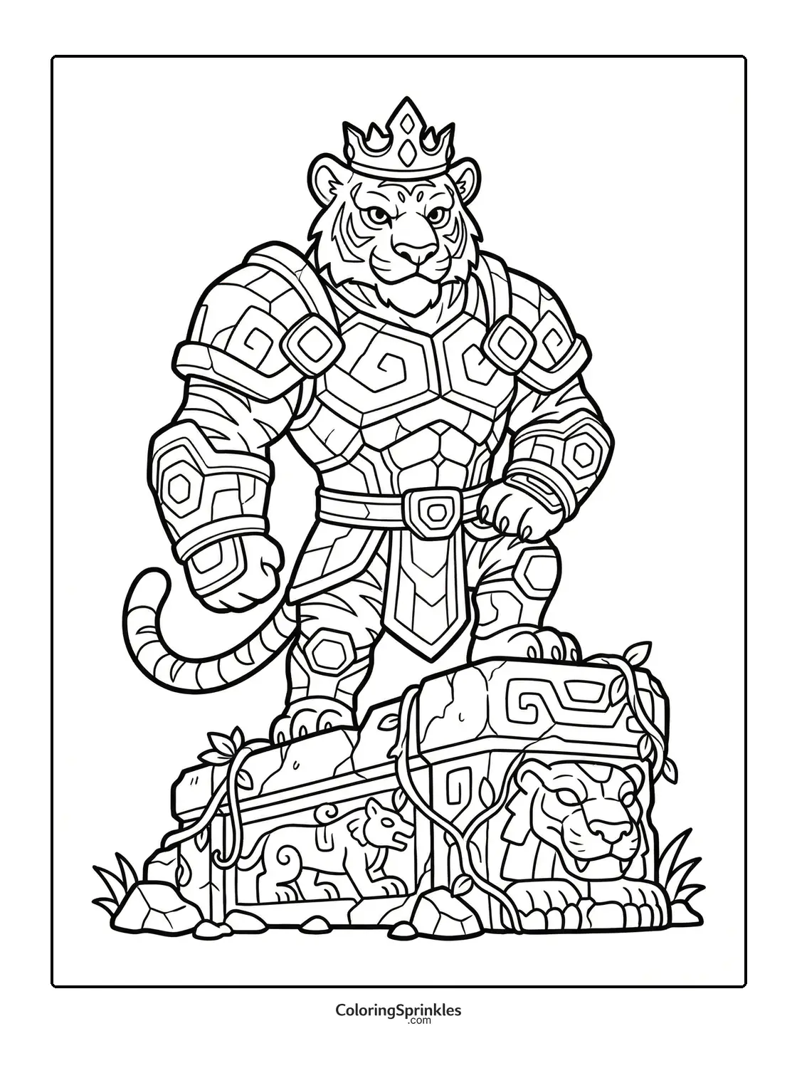 Coloring page of a tiger warrior king in armor standing on a stone statue