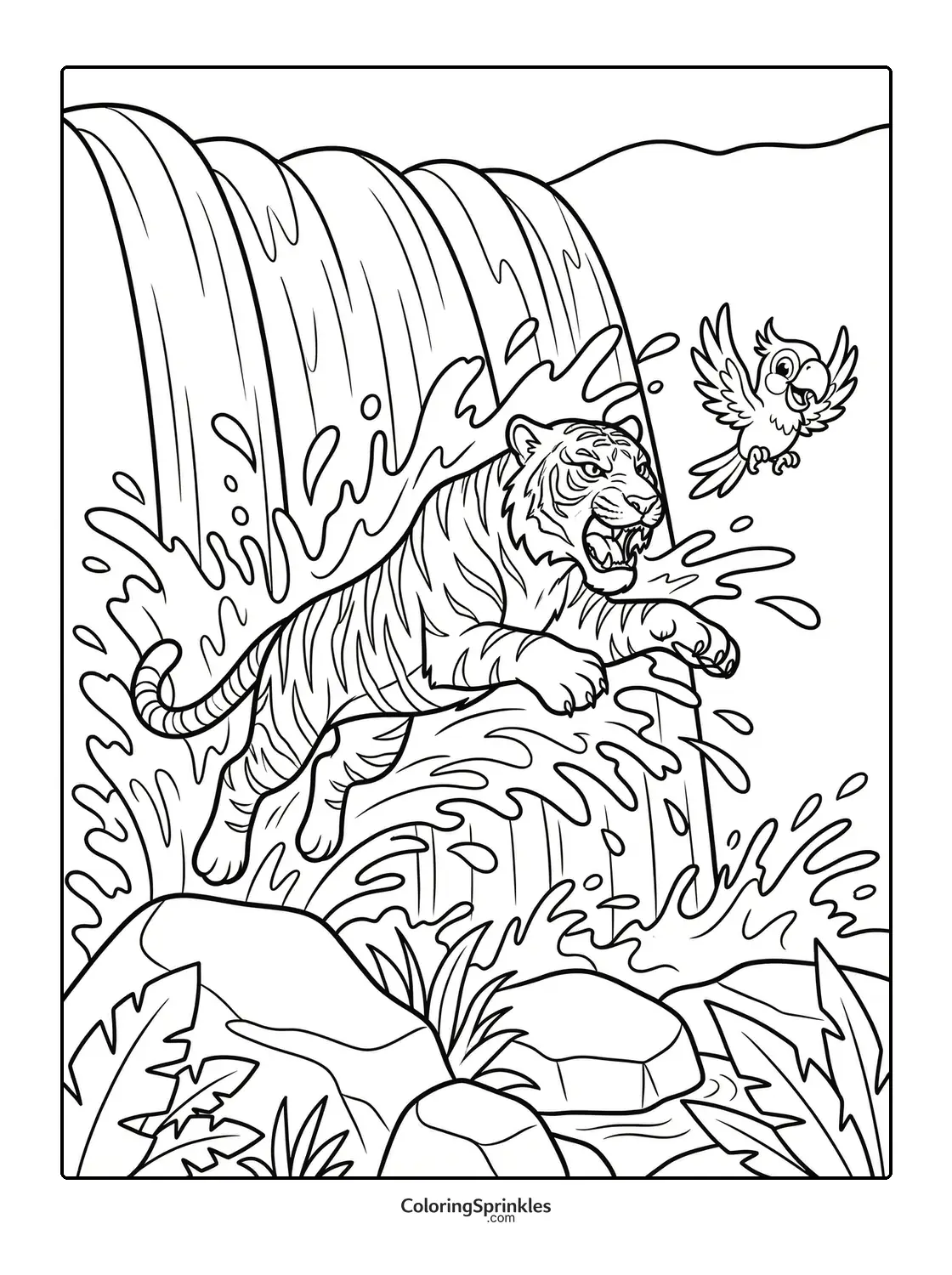Coloring page of a tiger leaping through a waterfall splash with a parrot in a jungle