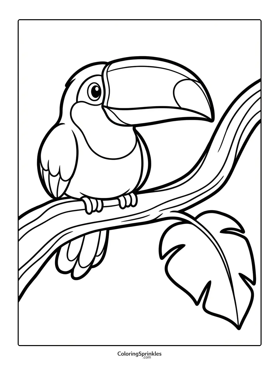 Coloring page of a toucan bird perched on a branch with a leaf