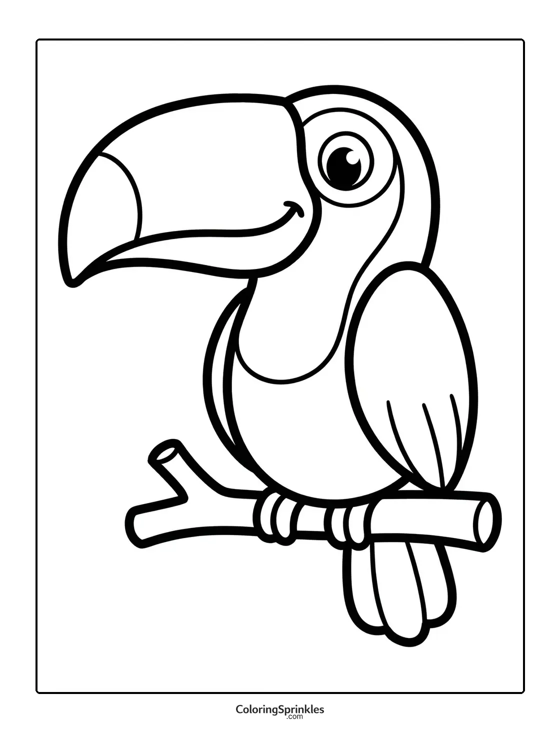 Coloring page of a toucan bird perched on a branch