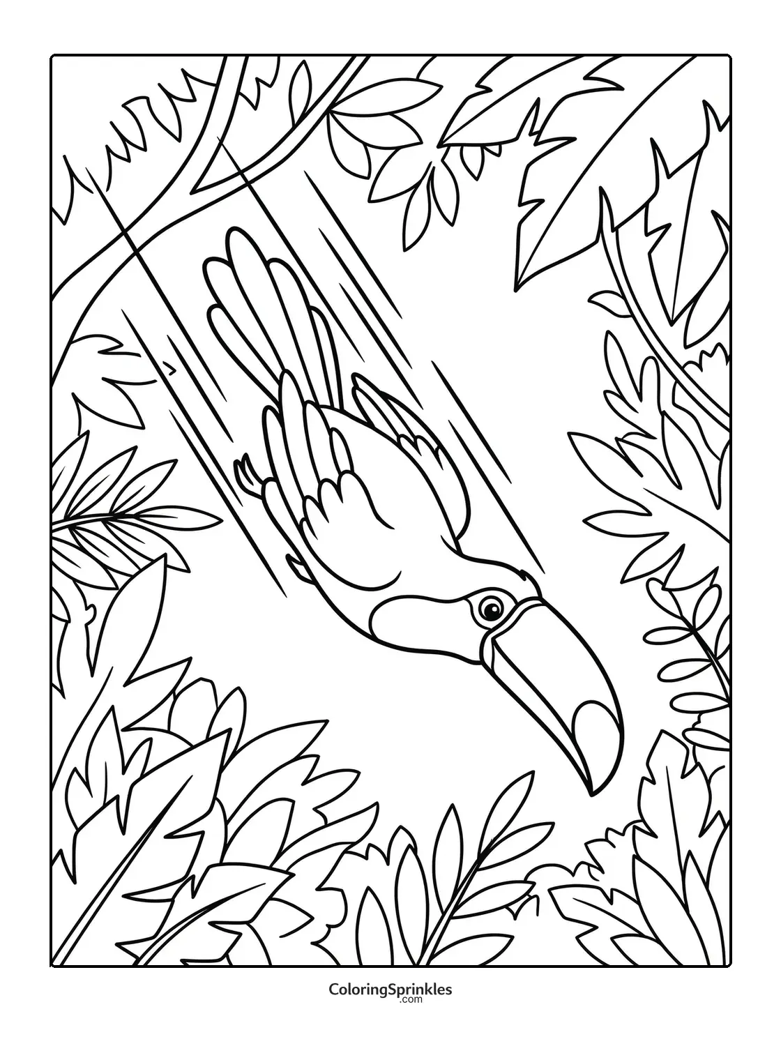 Coloring page of a toucan flying through jungle leaves