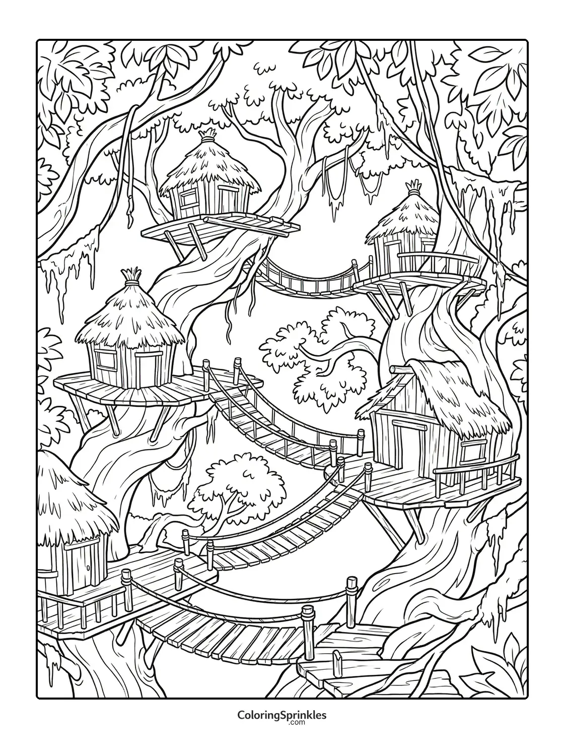 Coloring page of treehouses connected by rope bridges in a jungle