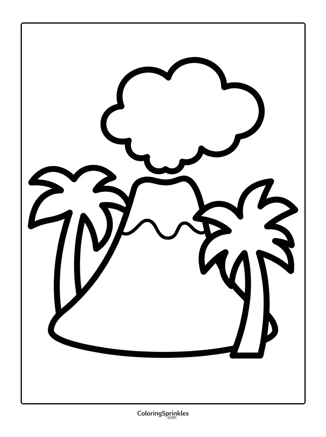 Coloring page of a volcano with palm trees and a cloud