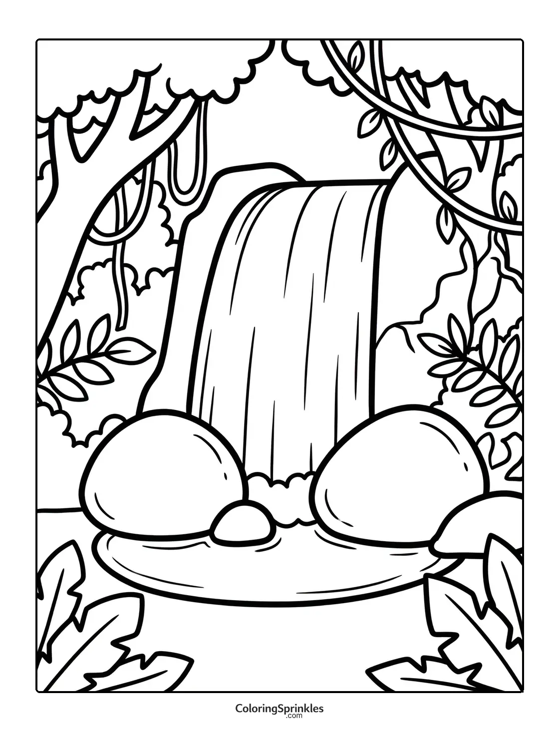 Coloring page of a waterfall in a jungle with rocks and vines