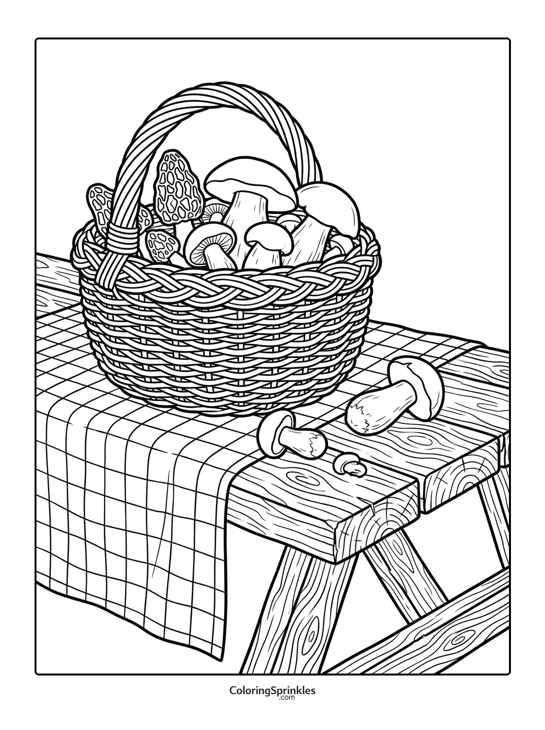 Coloring page of a basket full of mushrooms on a wooden table with a checkered cloth