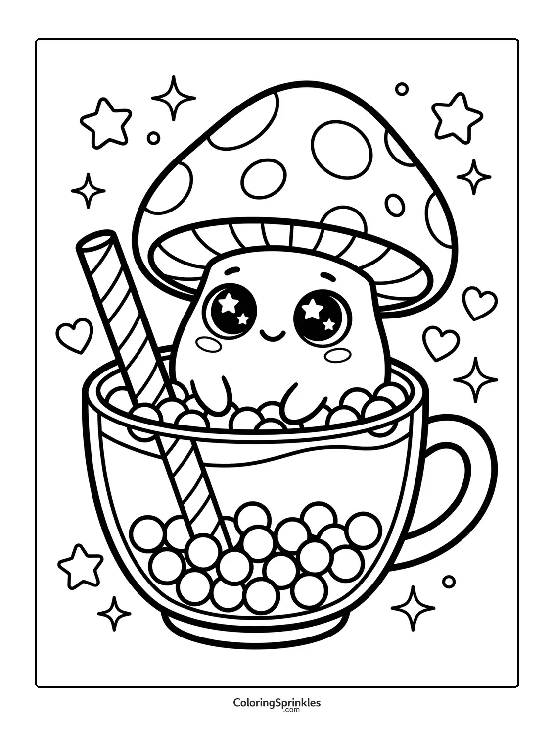 Coloring page of a cute mushroom sitting in a bubble tea cup with stars and hearts