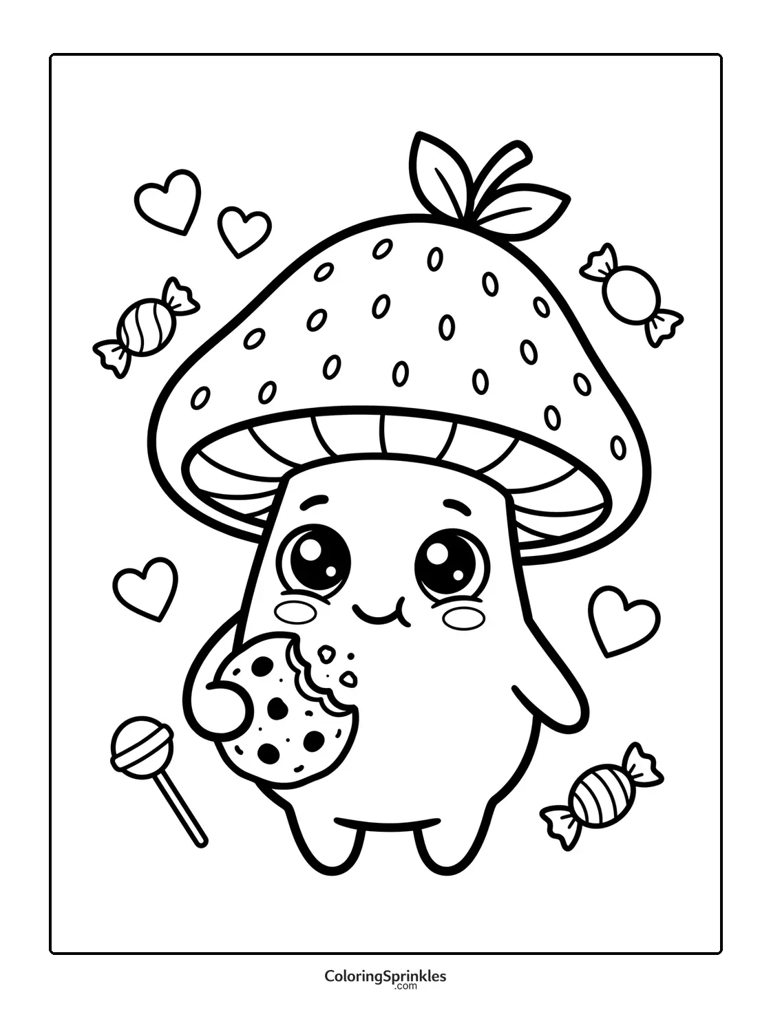 Coloring page of a cute mushroom character eating a cookie surrounded by candies and hearts