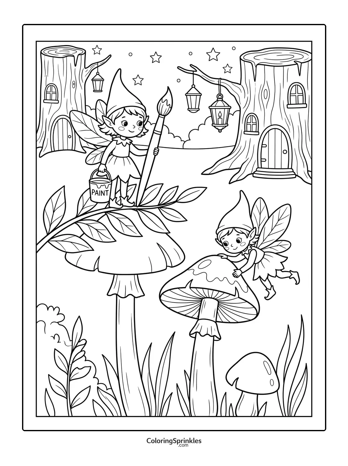 Coloring page of fairies painting mushrooms near tree houses at night