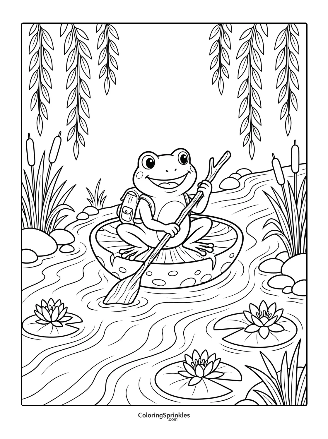 Coloring page of a frog paddling a lily pad boat in a pond
