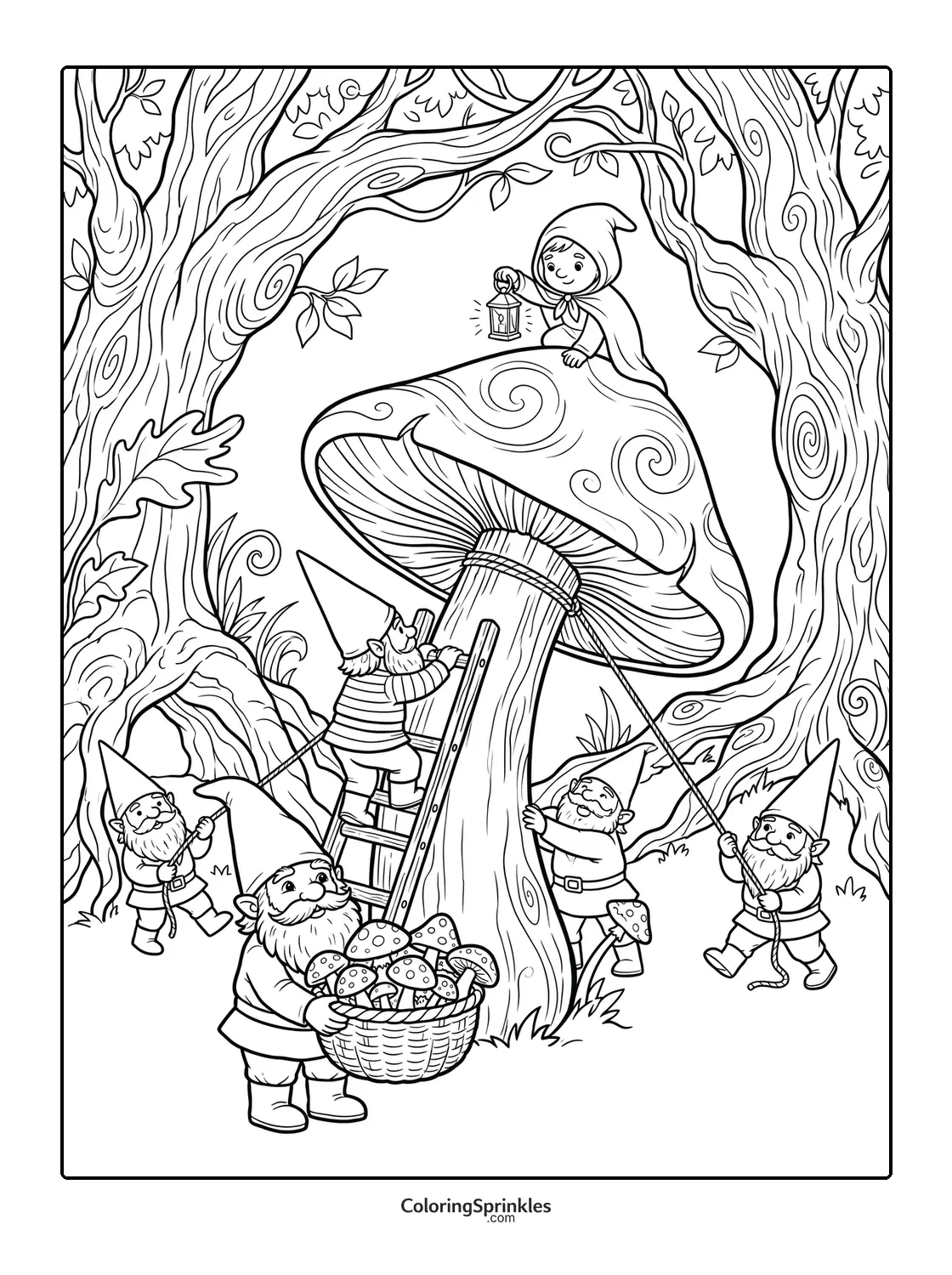 Coloring page of gnomes harvesting mushrooms in a forest with a lantern