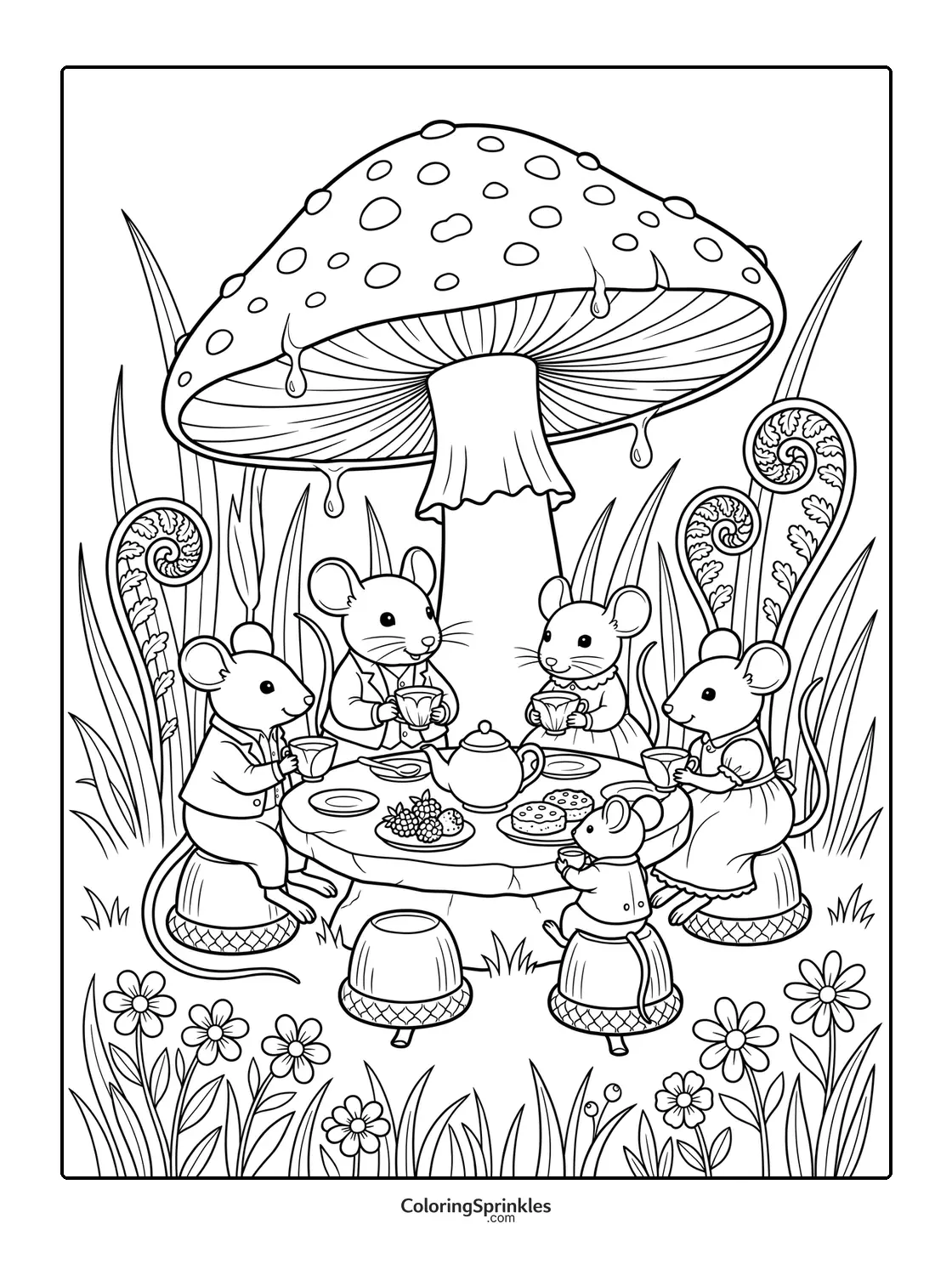 Coloring page of mice having a tea party at a mushroom table in a forest