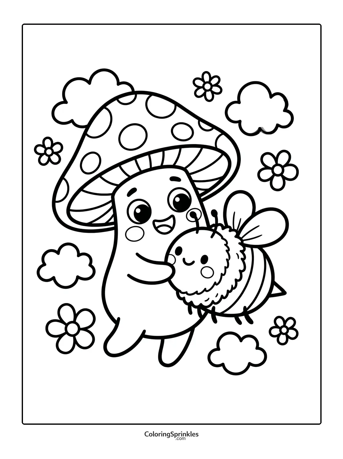 Coloring page of a mushroom character hugging a bee surrounded by flowers and clouds