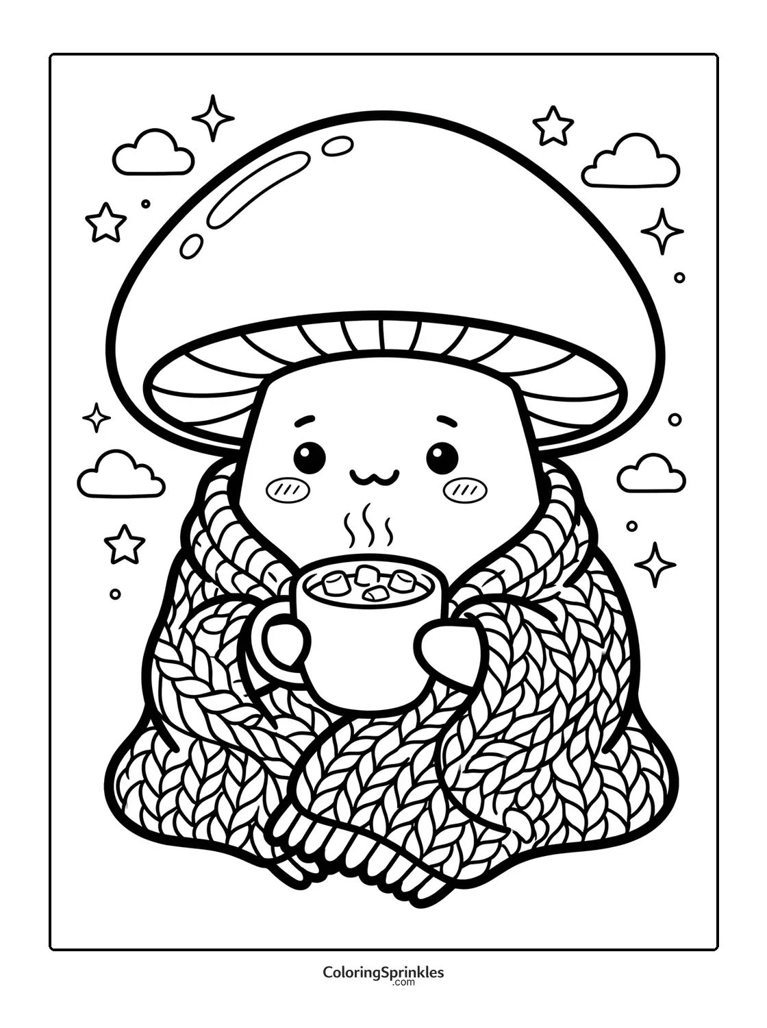 Coloring page of a cute mushroom wrapped in a cozy scarf holding a cup of hot chocolate with stars and clouds