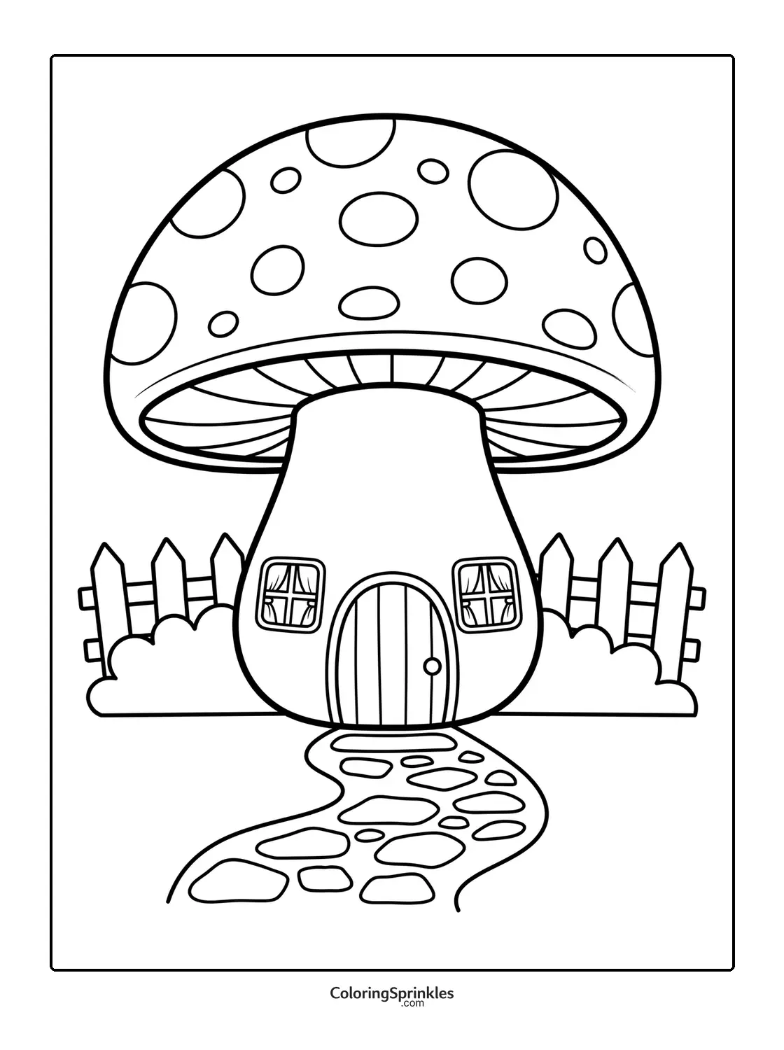 Coloring page of a mushroom house with a stone path, fence, and bushes