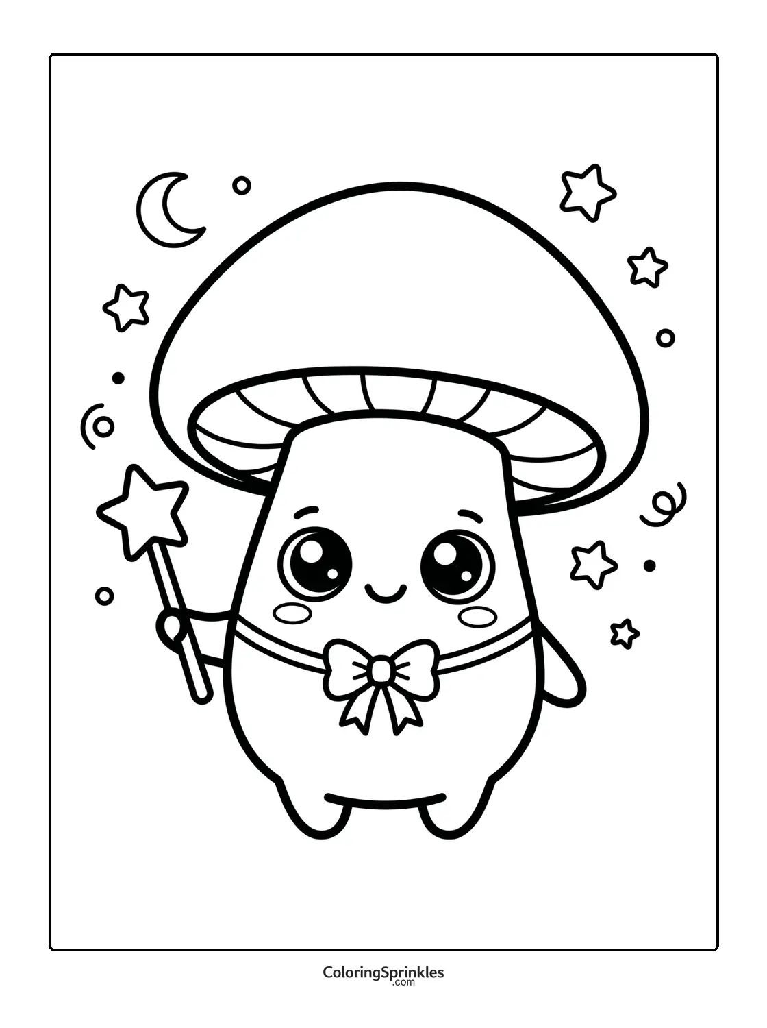 Coloring page of a cute mushroom holding a magic wand with stars and moon