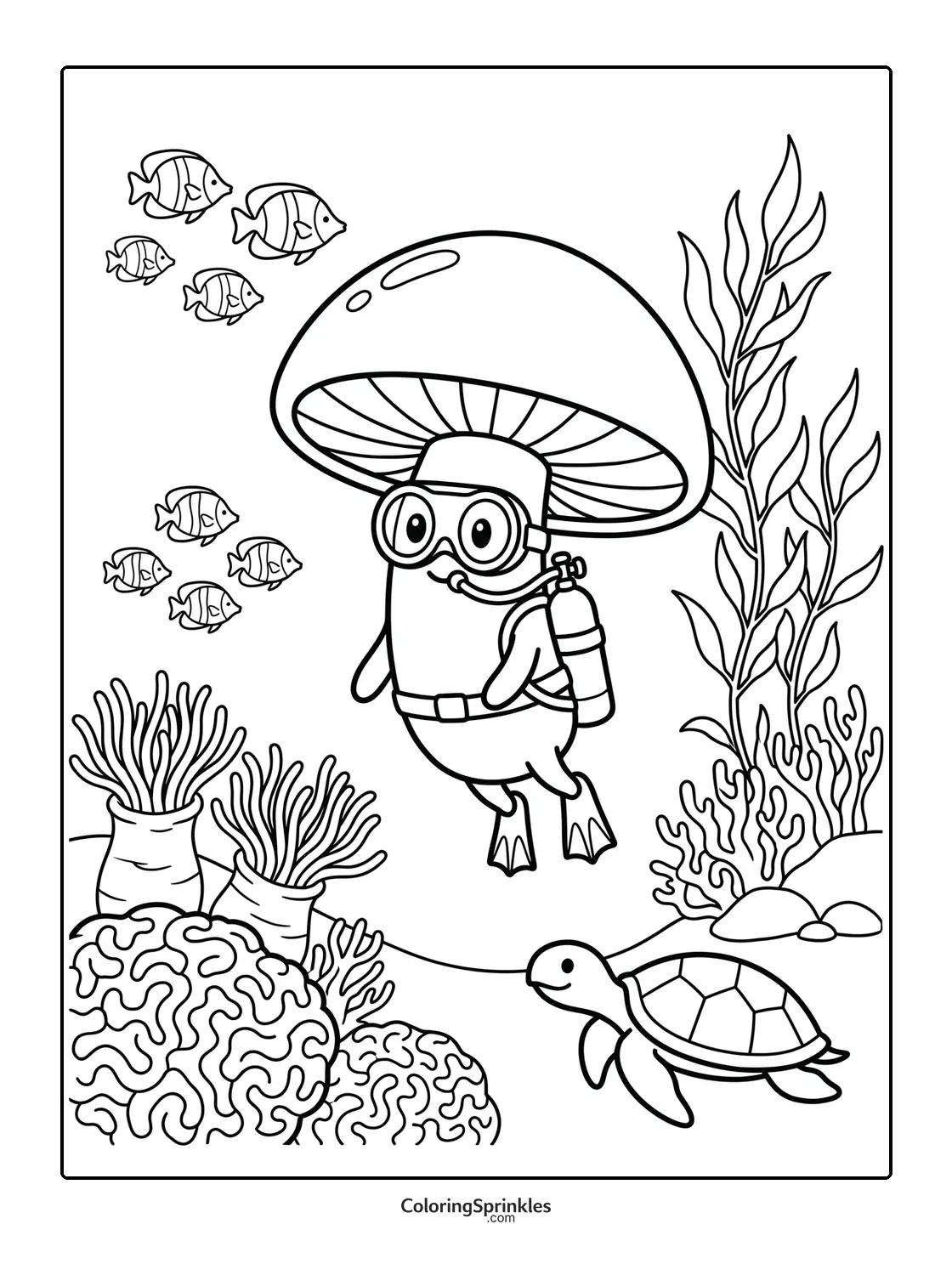 Coloring page of a mushroom character scuba diving underwater with fish and a turtle