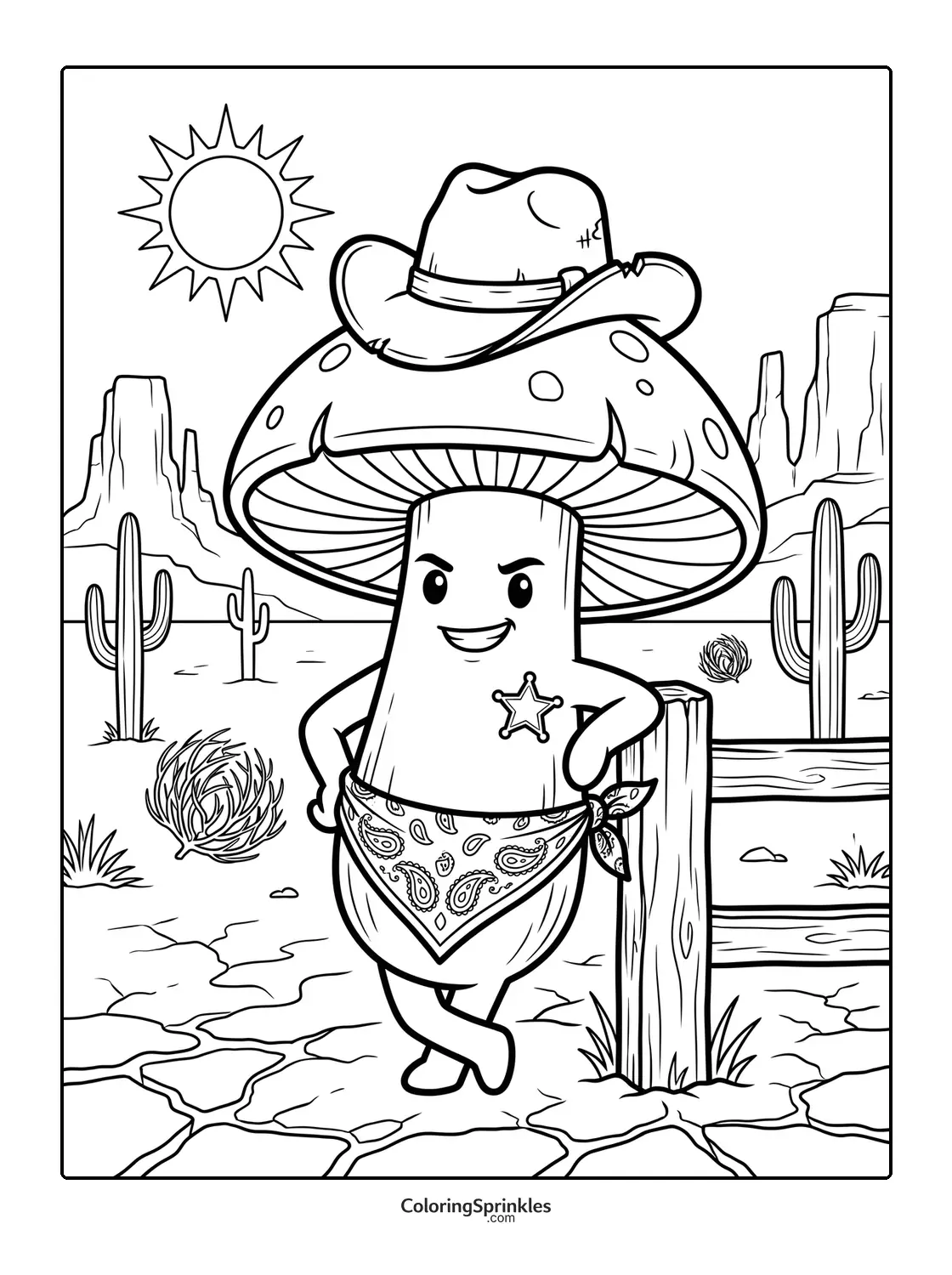 Coloring page of a mushroom sheriff cowboy in a desert with cacti