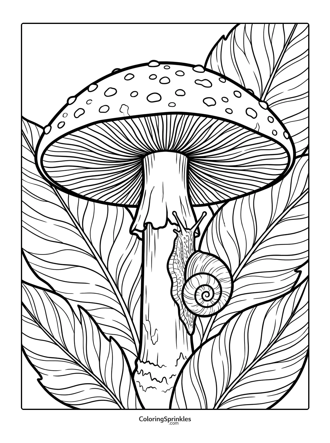Coloring page of a mushroom with a snail climbing on its stem surrounded by leaves