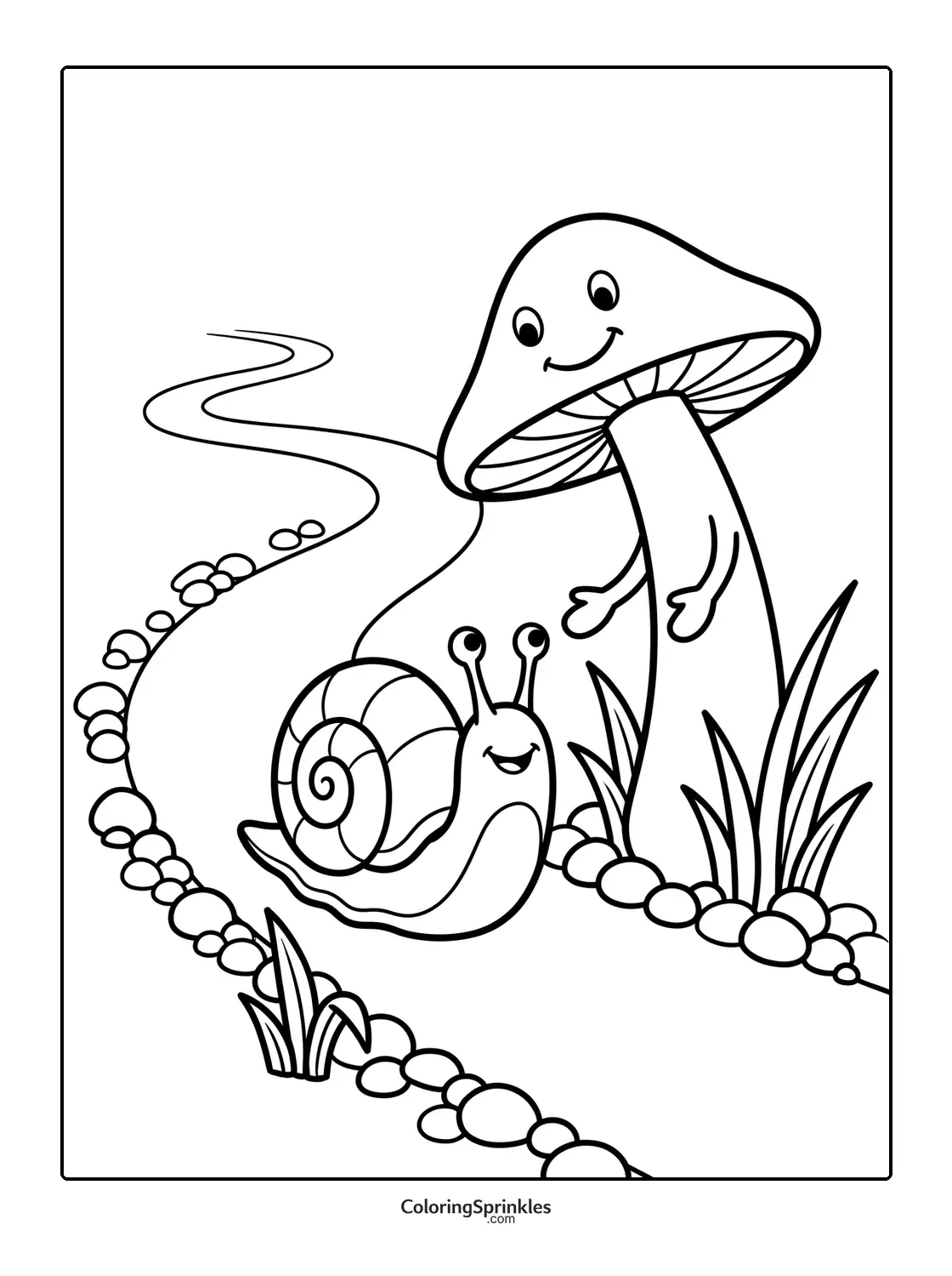 Coloring page of a smiling mushroom and a happy snail on a path with grass