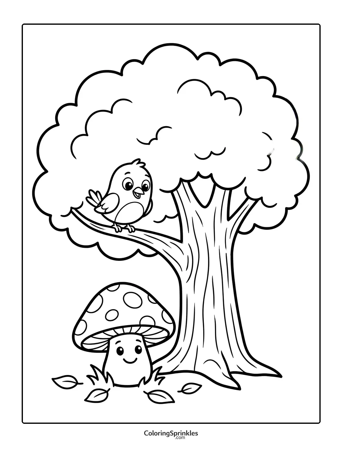 Coloring page of a smiling mushroom under a tree with a bird on a branch