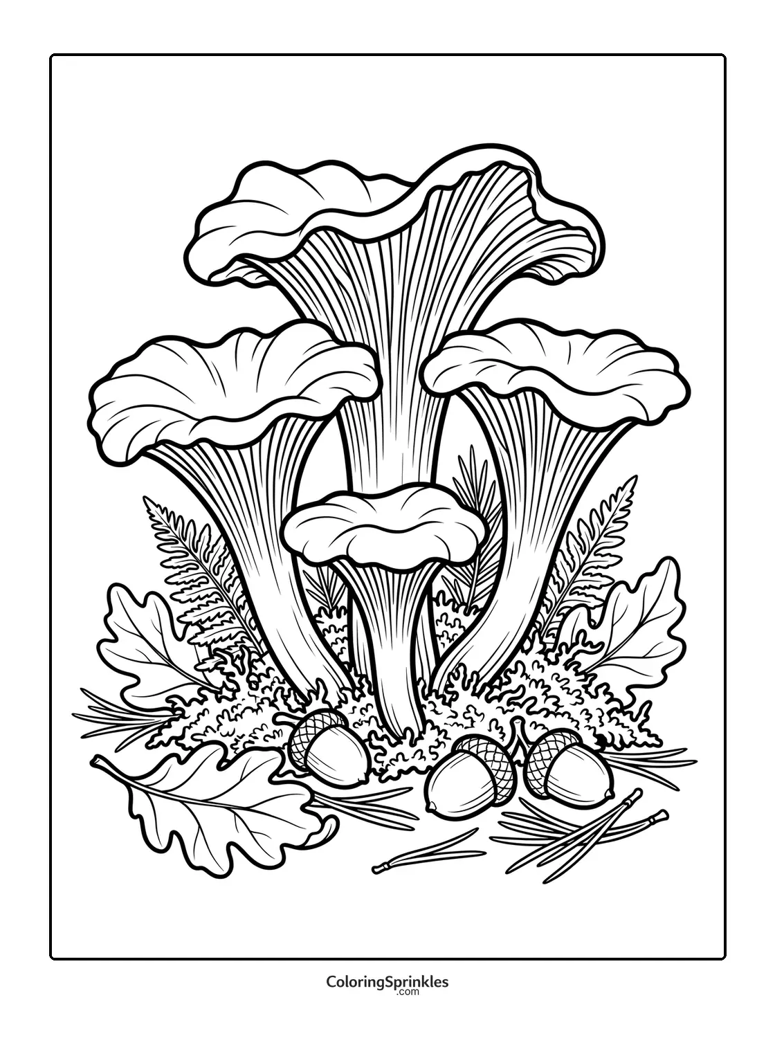 Coloring page of mushrooms growing among acorns and oak leaves on a forest floor