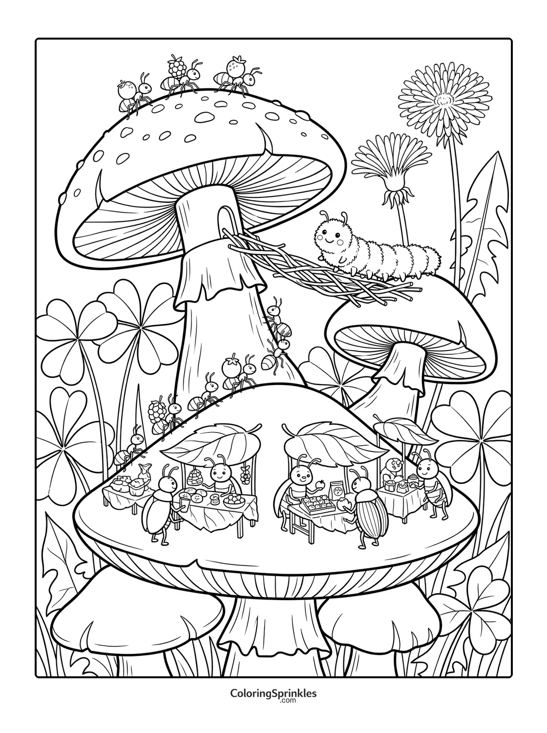 Coloring page of ants running a market on mushrooms with a caterpillar and flowers