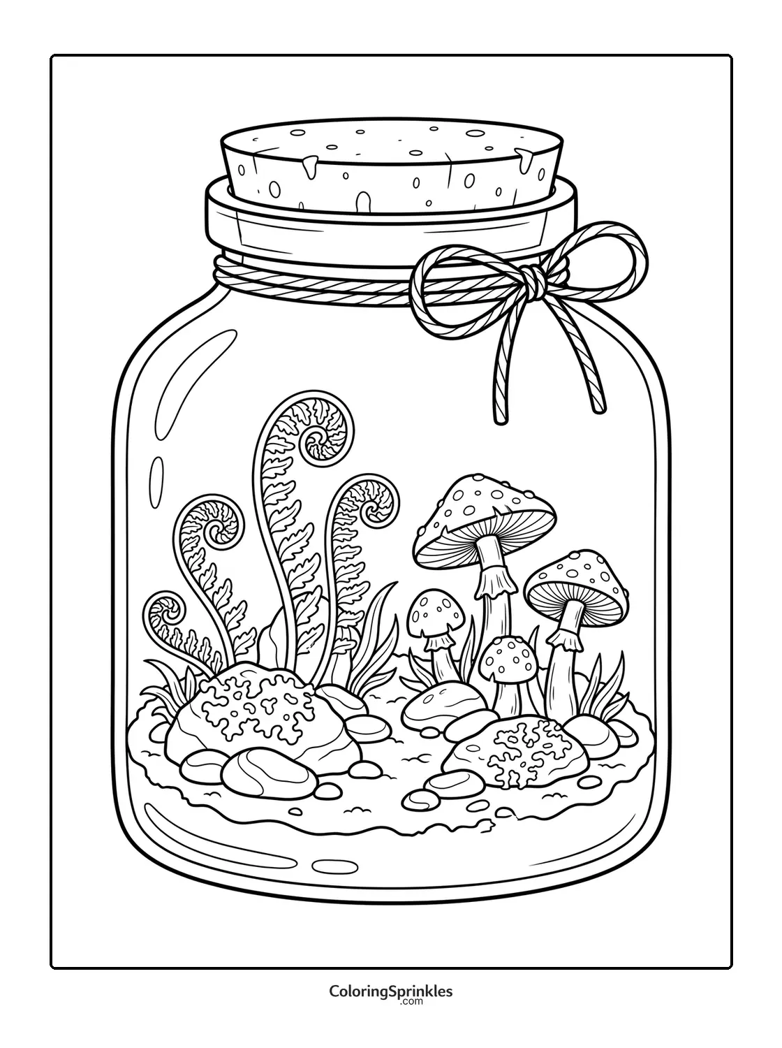 Coloring page of mushrooms and ferns growing inside a jar terrarium