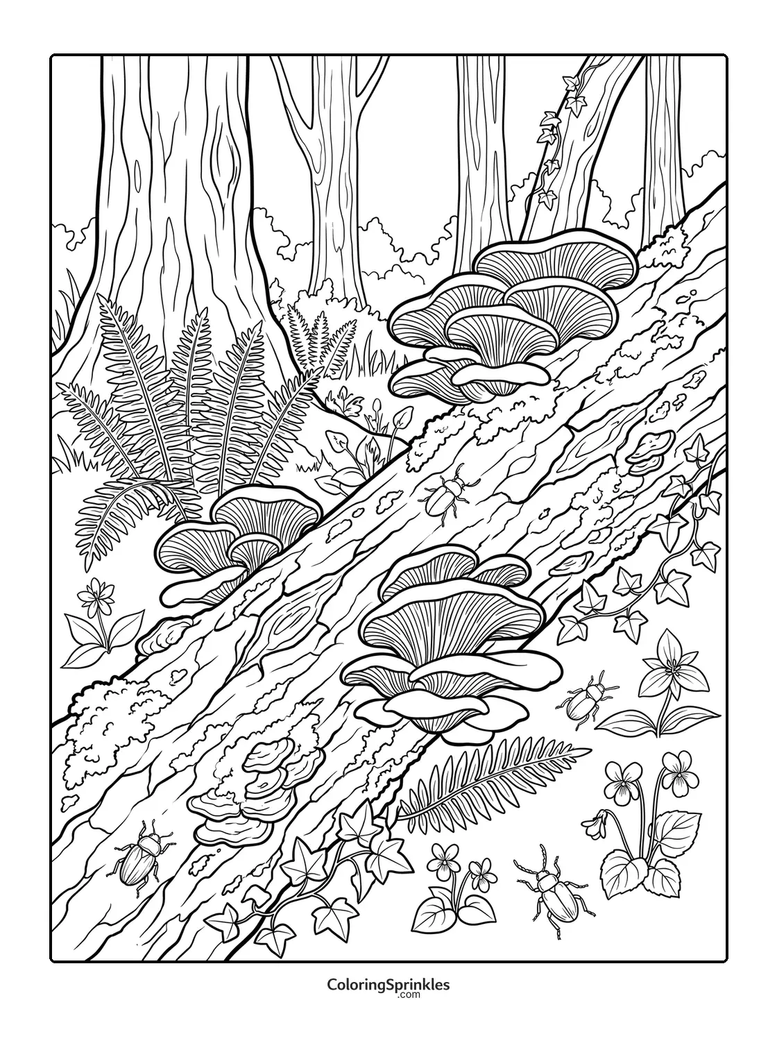Coloring page of mushrooms growing on a fallen log in a forest with beetles and ferns