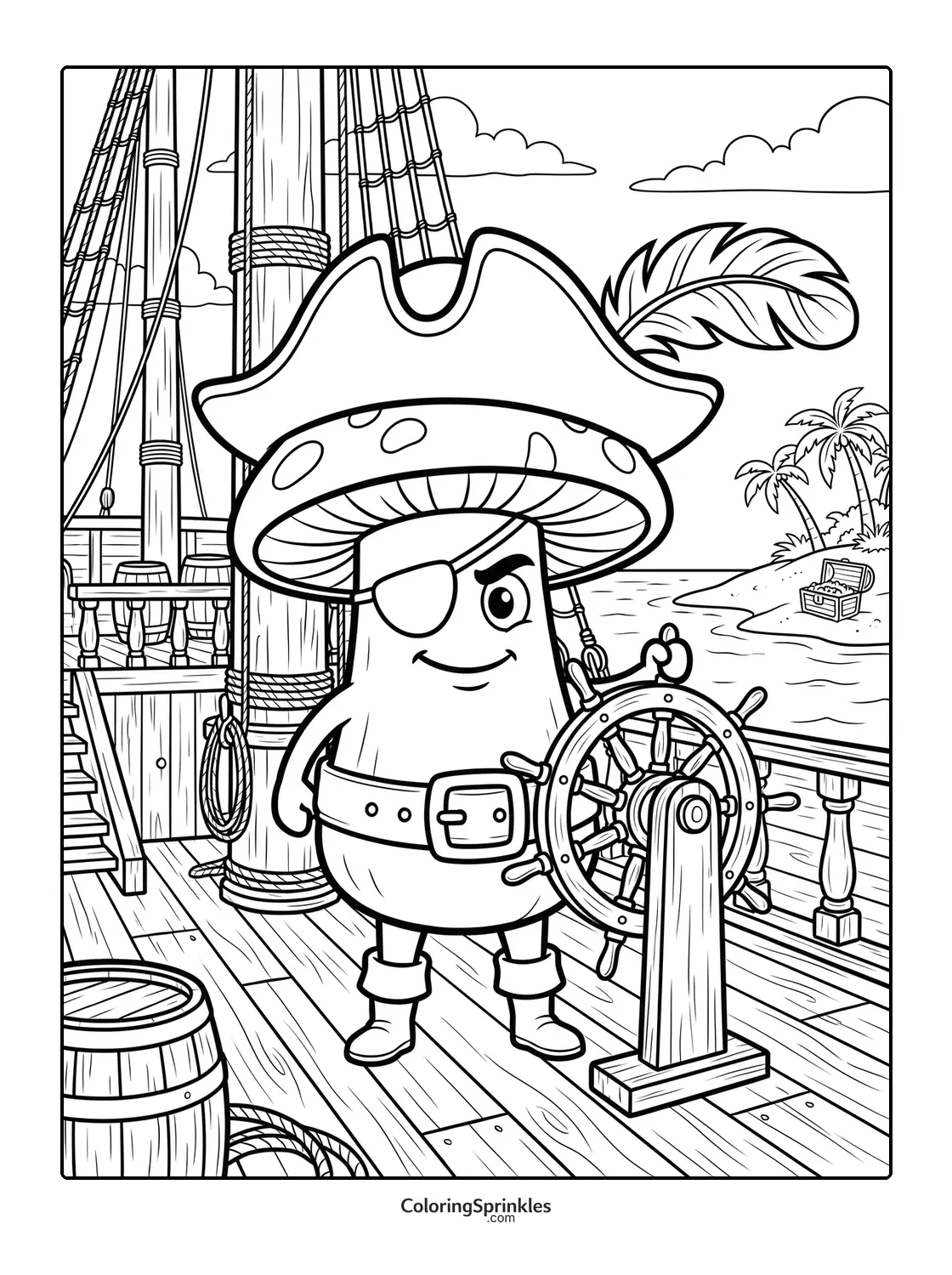 Coloring page of a pirate mushroom steering a ship with a treasure island in the background