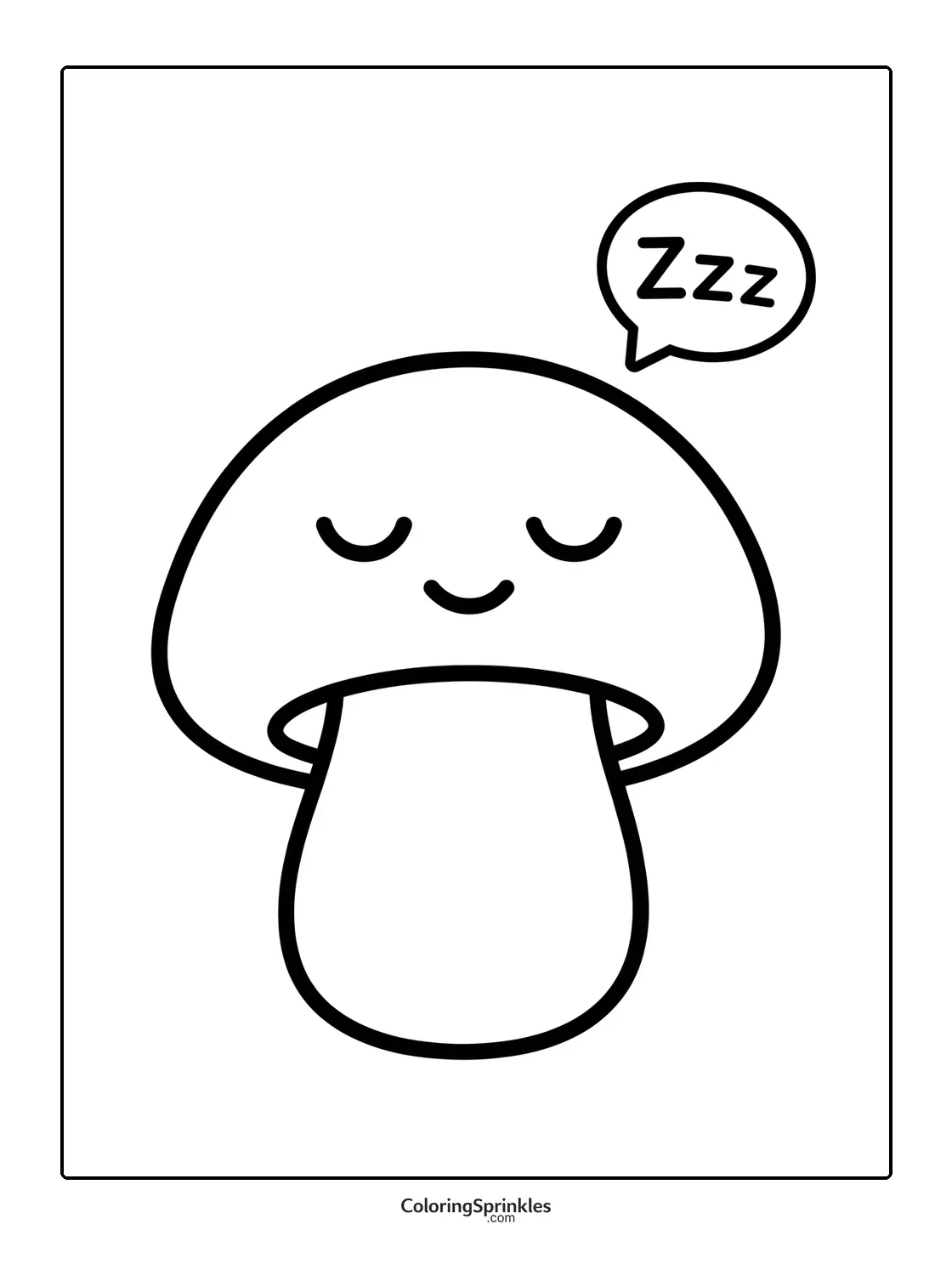 Coloring page of a sleeping mushroom with a zzz speech bubble