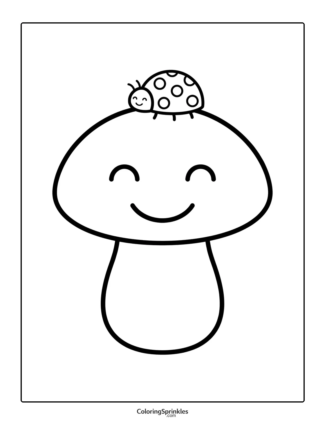 Coloring page of a smiling mushroom with a ladybug on top