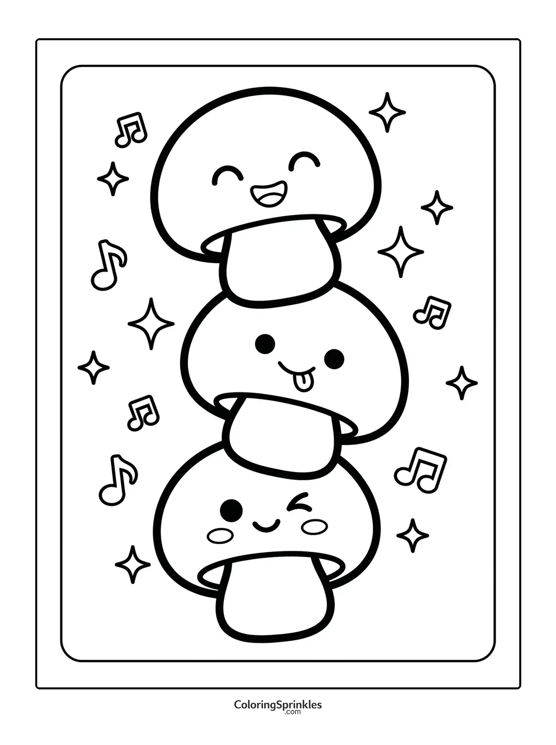 Coloring page of stacked mushrooms with happy faces and music notes