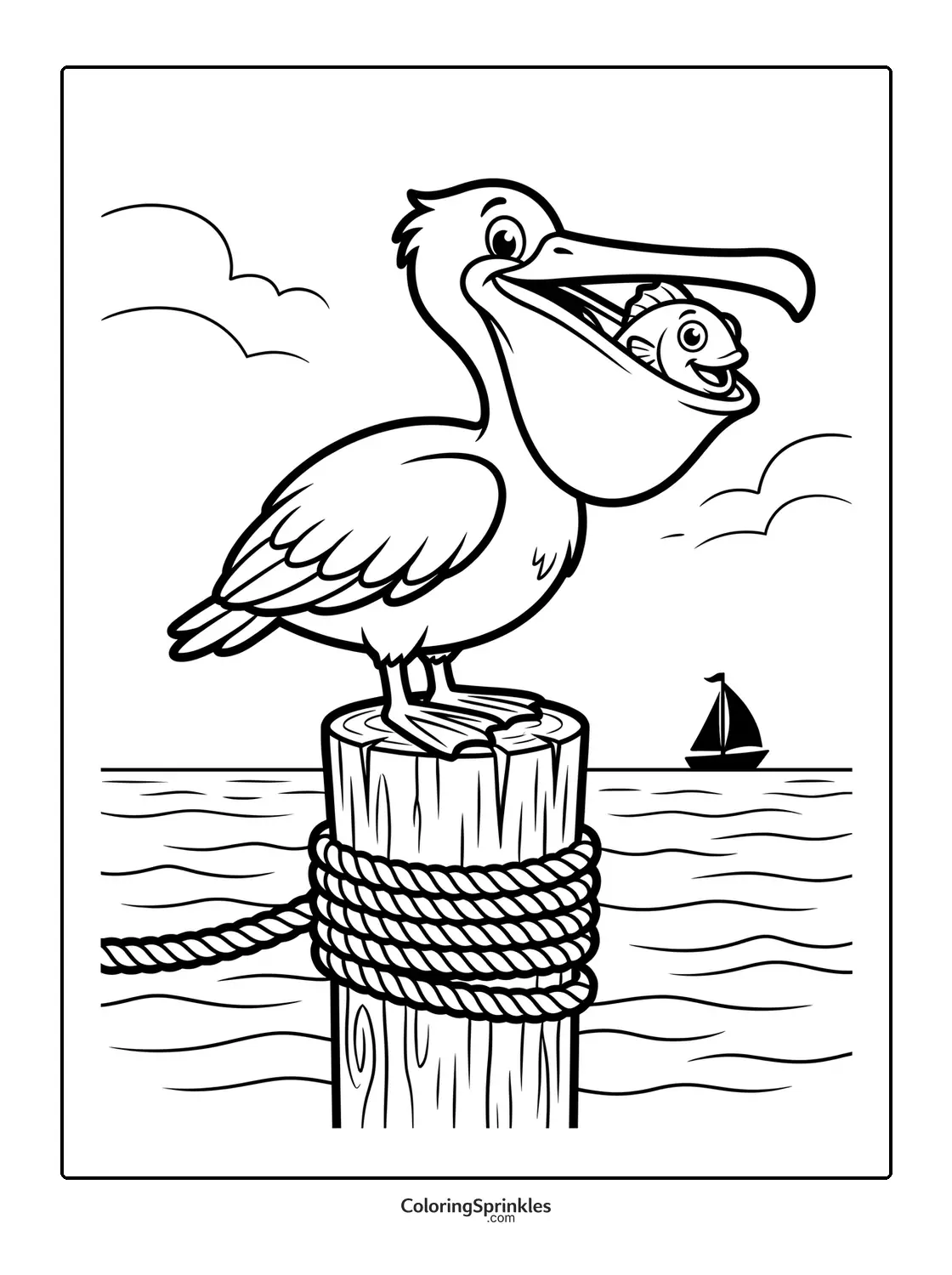Coloring page of a pelican with a fish in its beak on a pier by the ocean with a sailboat